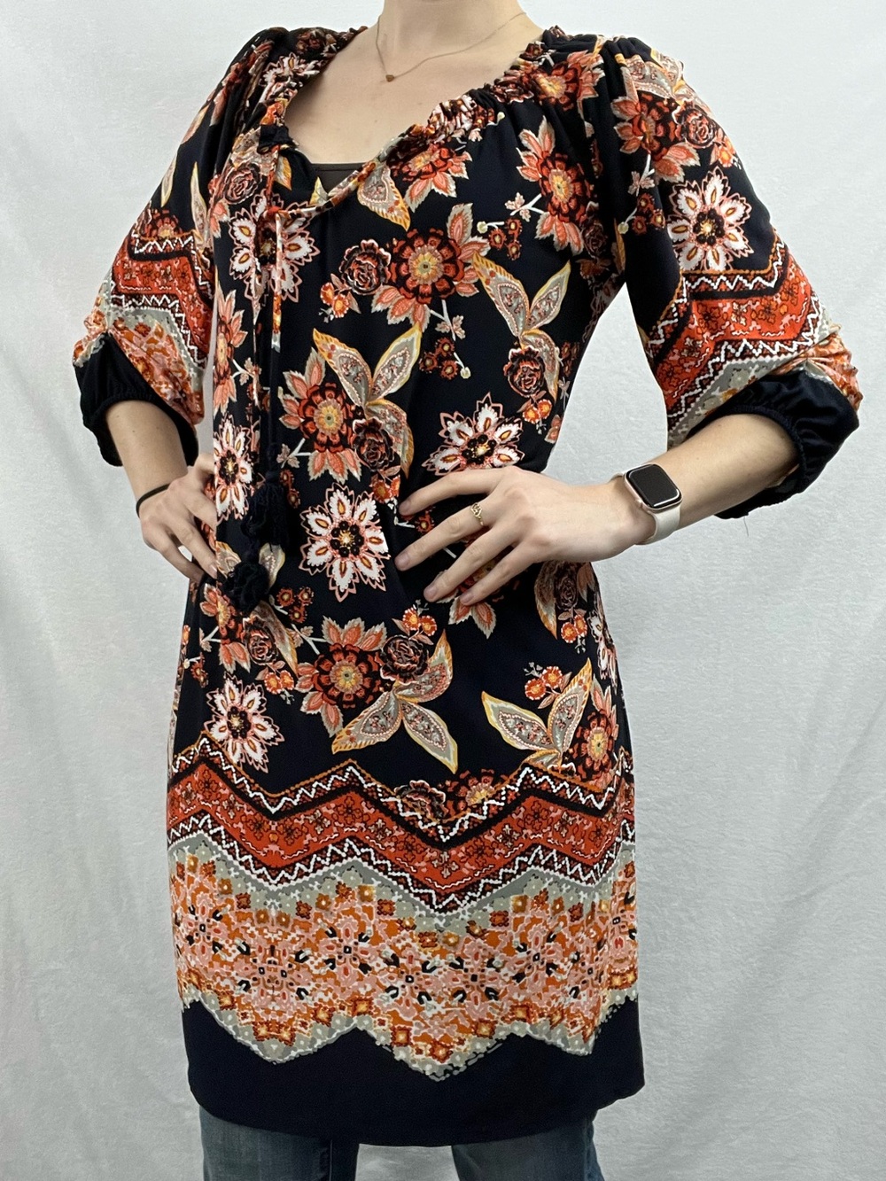 Enfocus Studio Black Floral Top with Peach & Yellow Accents